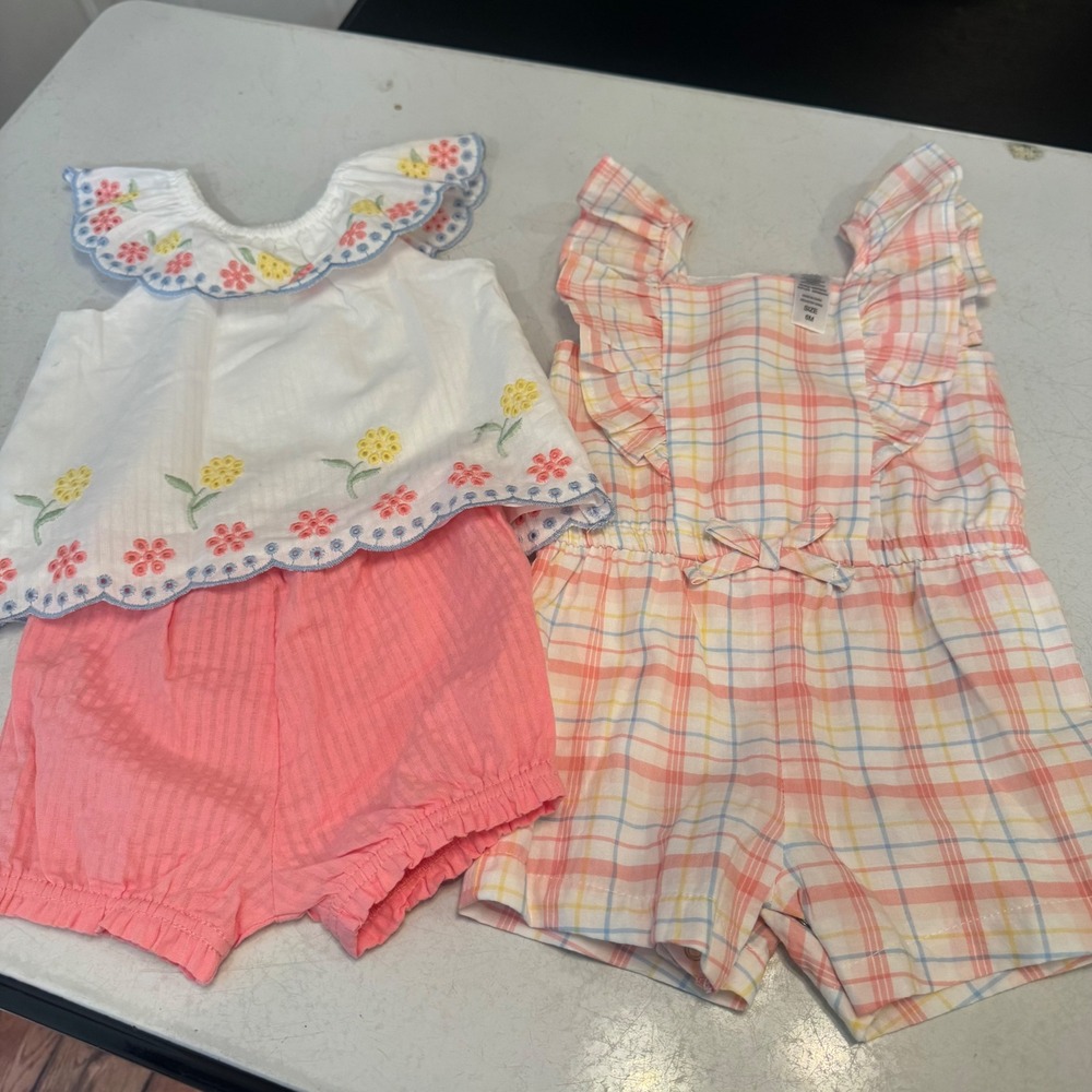 Little Me Outfit Set Romper Baby Girls 6M Pink White Floral Plaid Seersucker 3pc